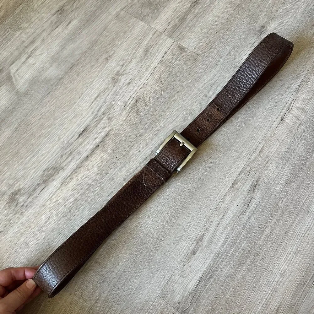 Dark Brown Men's Textured Genuine Leather Belt with Heavy Silver Buckle Size 44